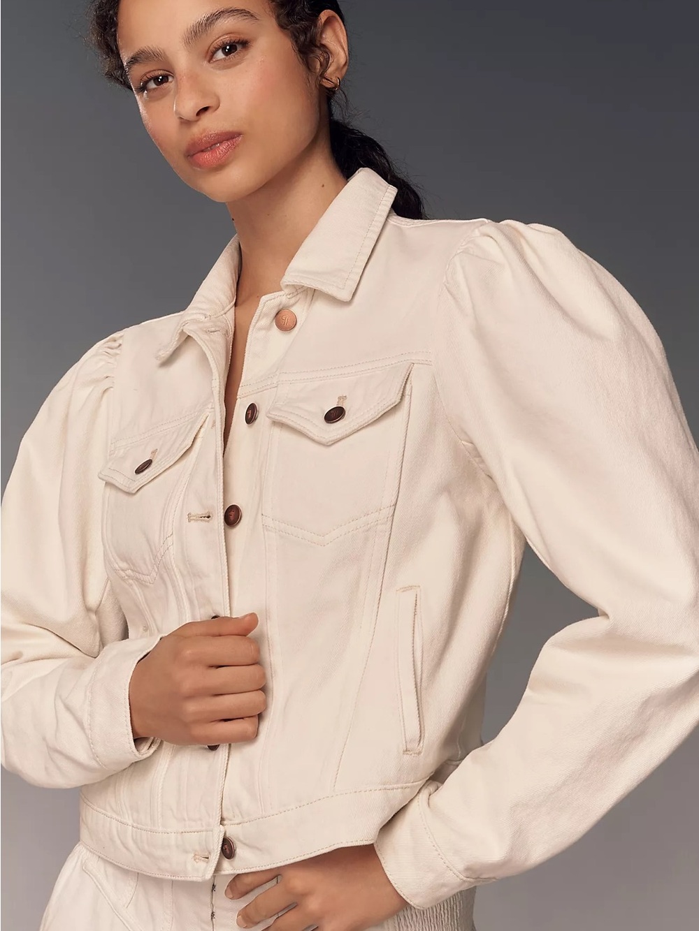 Pilcro Anthropologie Puff Sleeve Denim Jacket Cream Ecru Jean Jacket S
